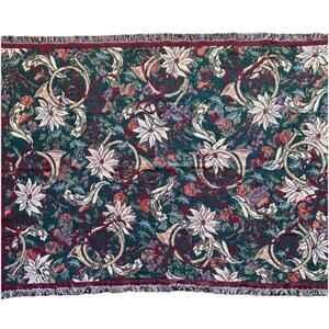 Goodwin Weavers Holiday Poinsettia Horns Throw Blanket Tapestry Green Red 45x62”